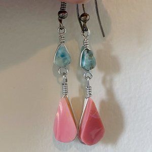 Turquoise and Pink Opal Drop Earrings